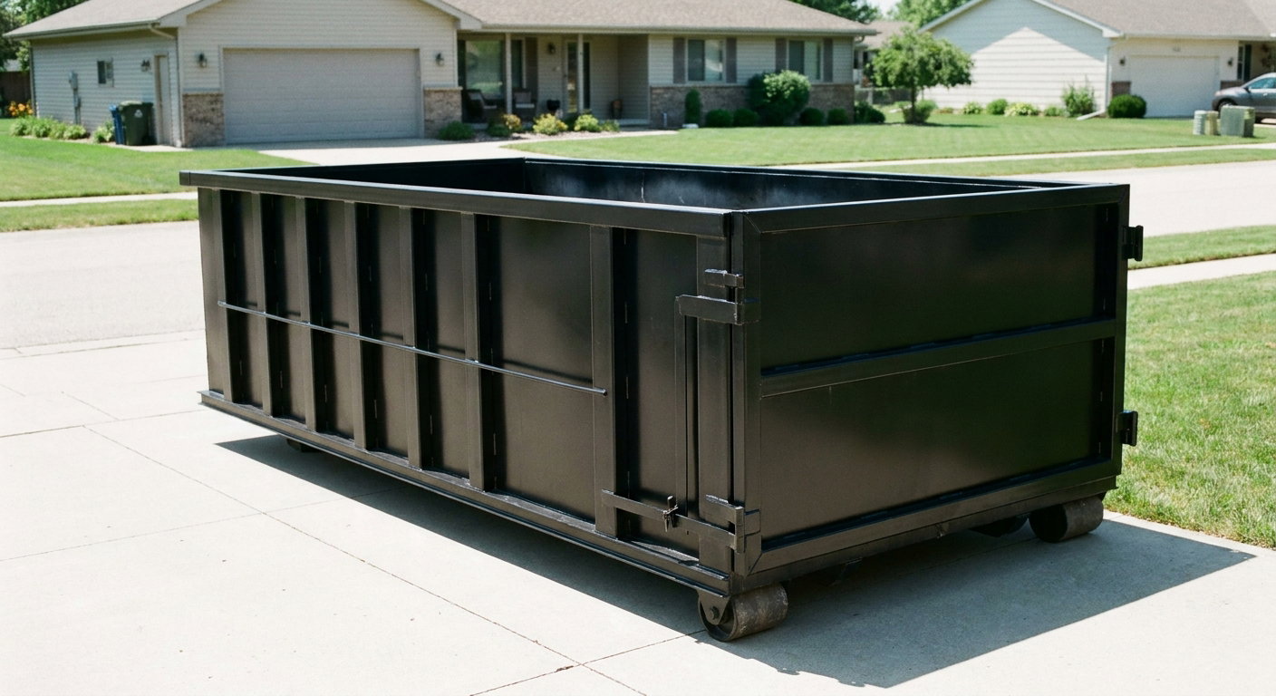 Matte-black 10-yard roll-off dumpster on a residential concrete driveway in Lee'S Summit, uniformly painted matte black across every panel and rail, ribbed steel sidewalls and rear swing door visible, mid-day daylight.