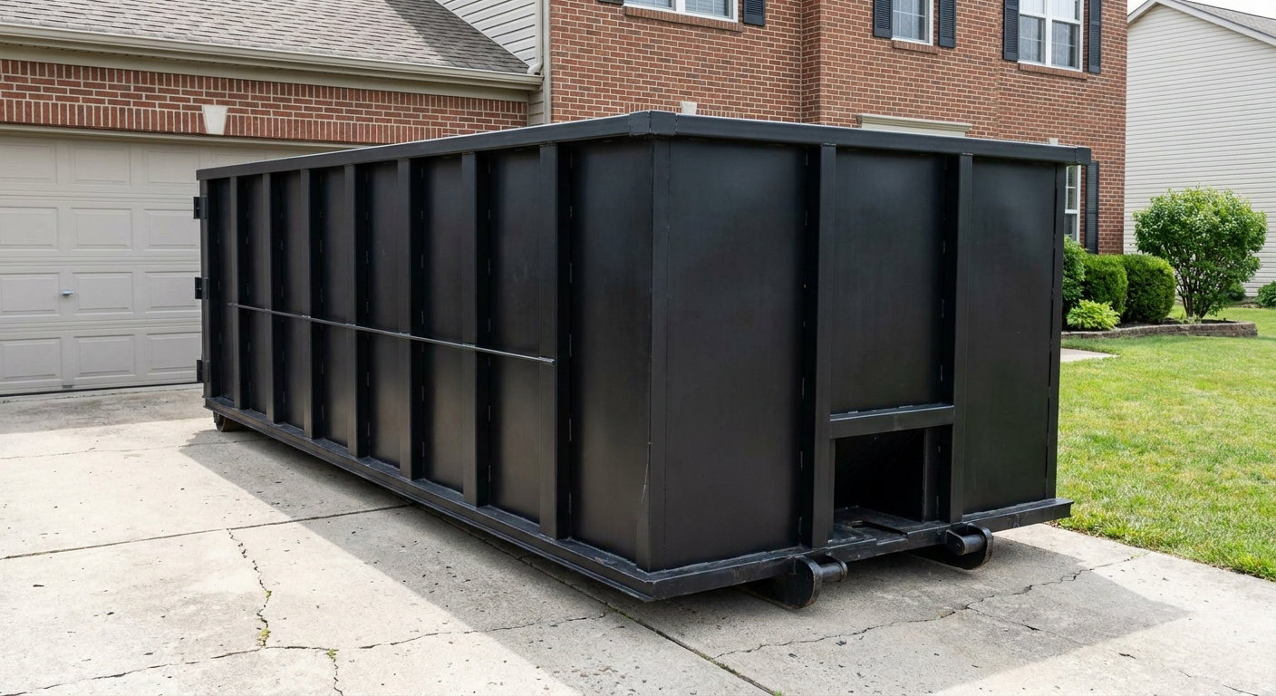 Matte-black 20-yard roll-off container on a Lee'S Summit residential concrete driveway with reinforced ribbed steel sidewalls and a hinged rear walk-in door, clean bright daylight.