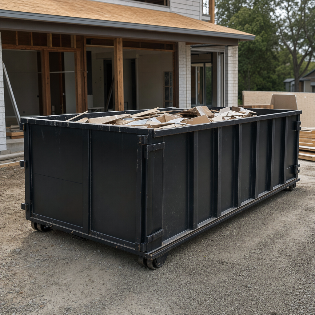 Large matte-black 30-yard construction roll-off dumpster at an active Lee'S Summit jobsite, steel-gray top rails and bottom rollers visible, loaded with construction debris.