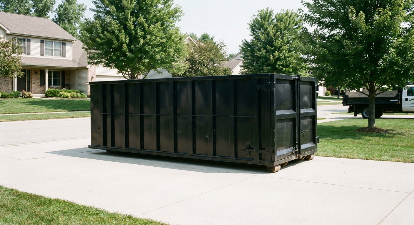 Matte-black 20-yard roll-off dumpster sitting level on a clean Lee'S Summit residential concrete driveway under bright daylight, demonstrating clean placement directly on the concrete.