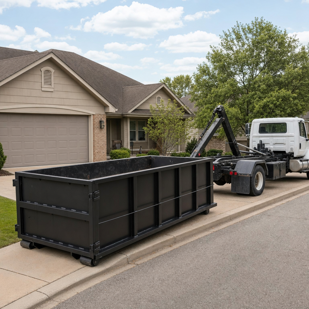 Wide documentary shot of a matte-black roll-off dumpster on a Lee'S Summit residential driveway in the foreground and a contractor jobsite container in the soft-focus background, bright daylight, calm and orderly composition.